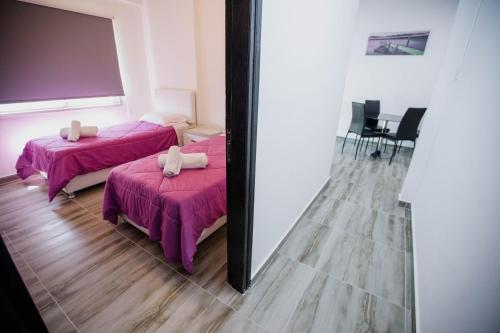 Duas camas num quarto com um espelho em Twins Apartments em Kato Pyrgos