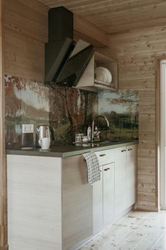 a kitchen with white cabinets and wooden walls at Atpūtas Bāze Ods LOFTS in Bārta