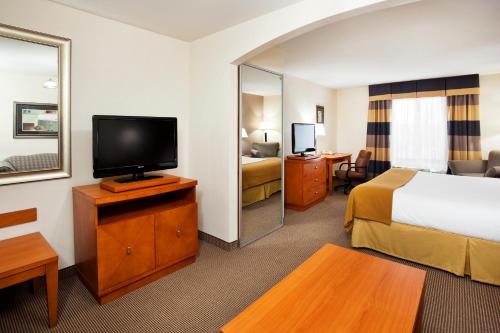 ein Hotelzimmer mit einem Bett und einem Flachbild-TV in der Unterkunft Holiday Inn Express Forest City, an IHG Hotel in Forest City