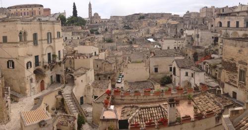 an aerial view of a city with buildings at Casa Contini in Matera