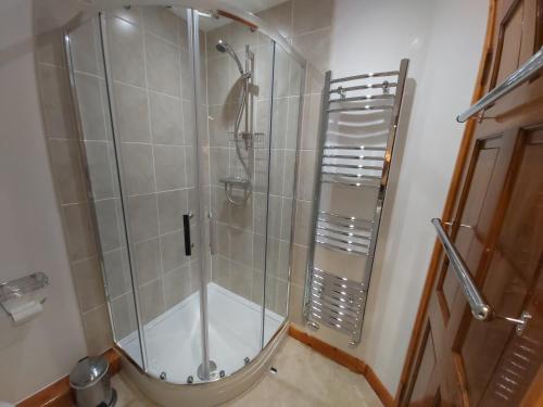 a shower with a glass door in a bathroom at Chynoweth Trelash B&B in Trelash