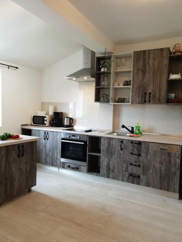 a kitchen with wooden cabinets and a counter top at Parentina apartment in Poreč