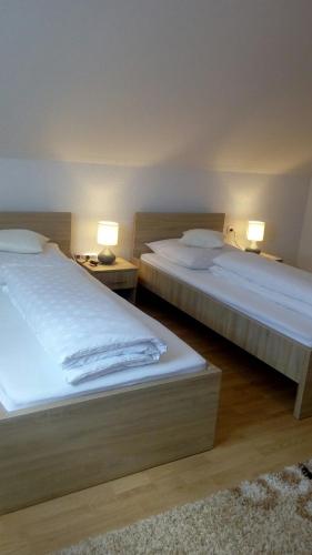 two beds in a room with two lamps on tables at Apartman AS in Livno