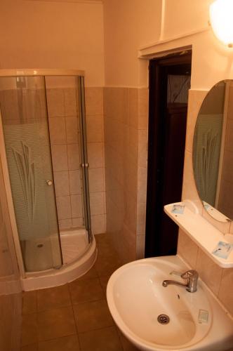 a bathroom with a shower and a sink and a toilet at Pensiunea Contour in Iaşi