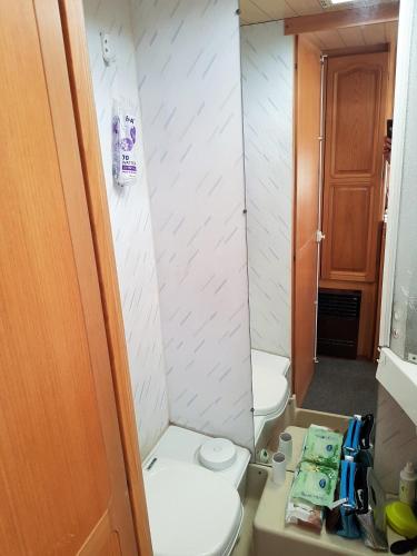 a small bathroom with two toilets and a mirror at Przyczepy Kemping Polaris Półwysep Helski in Chałupy