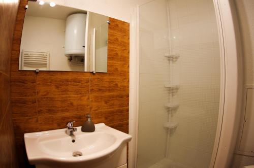 une salle de bain avec un lavabo et une douche dans l'établissement L'Orée des Bois - Studio avec terrasse au calme, aux Orres