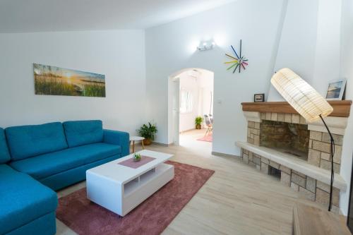 a living room with a blue couch and a fireplace at Honey Farm House in Virpazar