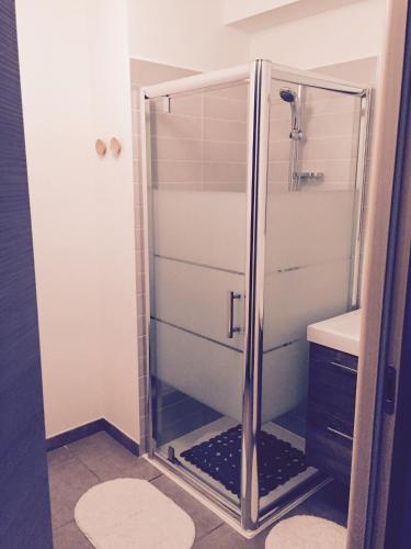 une douche avec une porte vitrée dans une salle de bain dans l'établissement Vacances agréables..., à Bastia