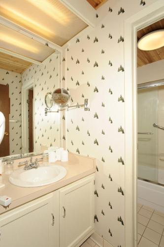 a bathroom with a sink and a wall with bats on it at The Forest Neighborhood by Keystone Resort in Keystone