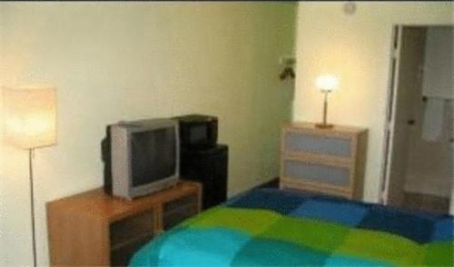ein Schlafzimmer mit einem Bett und einem TV auf einem Tisch in der Unterkunft Sequoia Inn Redwood City in Redwood City