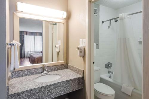 a bathroom with a sink and a toilet and a mirror at Quality Inn Roanoke Airport in Roanoke