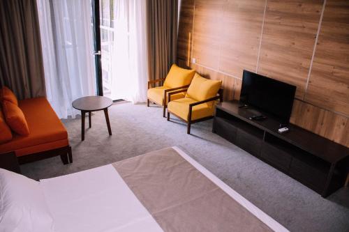 a hotel room with a bed and a tv and a chair at Hotel Nobilis Hall in K'obulet'i