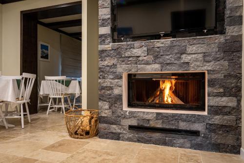 a fireplace with a tv on a stone wall at VILA NORBE in Buşteni