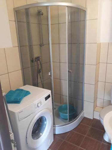 a washing machine in a bathroom with a shower at Apartament Mariacka in Bydgoszcz