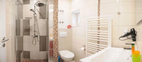 a bathroom with a shower and a toilet and a sink at FineApartment Neumünster in Neumünster