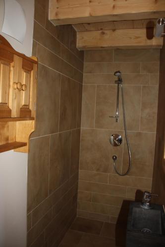 uma casa de banho com uma cabeça de chuveiro em La Case em Abondance