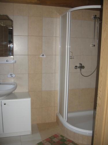 La salle de bains est pourvue d'une douche, de toilettes et d'un lavabo. dans l'établissement Chata Bezdrev u Hluboké nad Vltavou, à Hluboká nad Vltavou