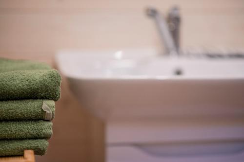 a bathroom with a sink and a green towel at Sodyba Namelis medyje Anykščiuose in Anykščiai