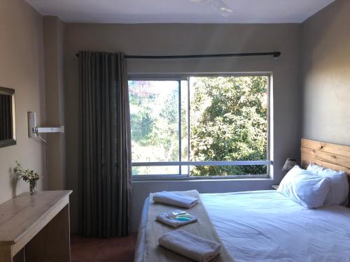 a bedroom with a bed and a large window at Seaside Lodge B&B in Ballito