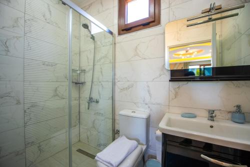 a bathroom with a shower and a toilet and a sink at TERRA PİNE in Kayakoy