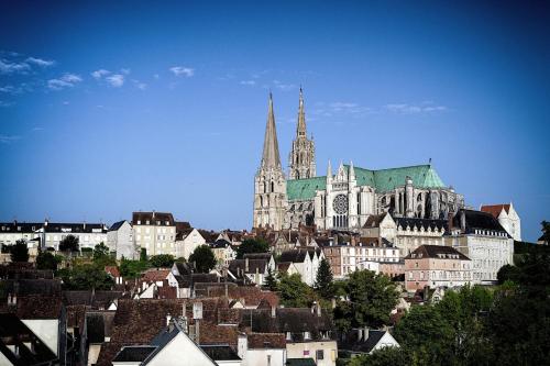 eine Stadt mit einer Kathedrale und eine Stadt mit Gebäuden in der Unterkunft Le Petit Porte Guillaume in Chartres