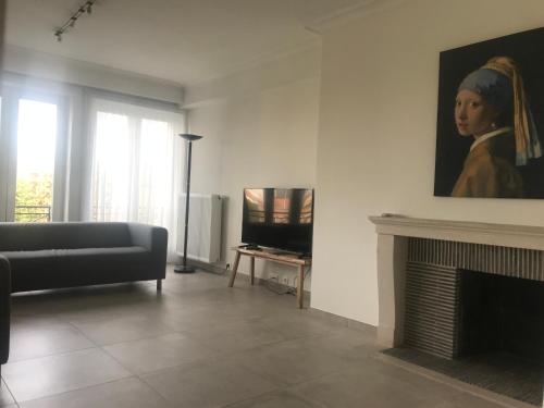a living room with a couch and a fireplace at Apartment Thalassa5@sea in Ostend