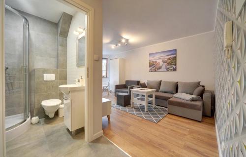 a living room with a couch and a bathroom at Apartamenty EverySky - Leśny Dom 16 - 18 in Karpacz