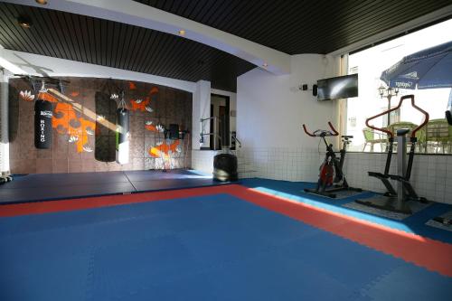 a gymnasium with a blue and red trampoline at Hotel am Baronenwald in Göppingen