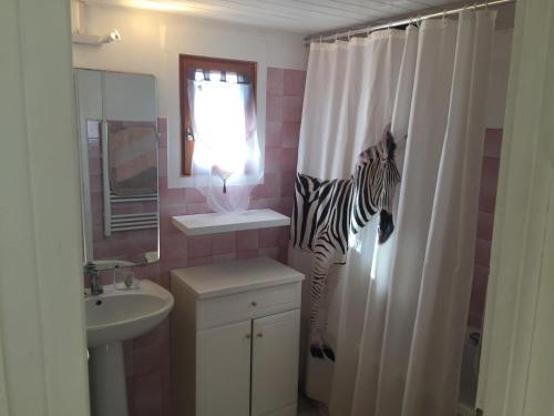 La salle de bains est pourvue d'un rideau de douche avec une tête zébrée. dans l'établissement FORGEROC, à Saint-Cirq-Lapopie