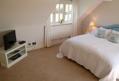 a bedroom with a bed and a tv and a window at Thatched Cottage in Hungerford