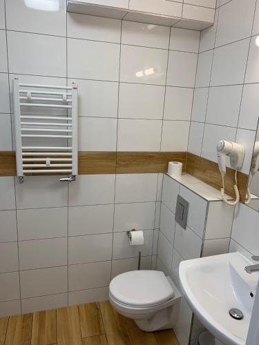 a bathroom with a toilet and a sink at Wojtecki Apartamenty in Pobierowo
