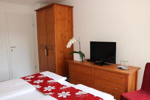 um quarto com uma cama e uma cómoda com uma televisão em Gästezimmer Rolea em Dürnstein