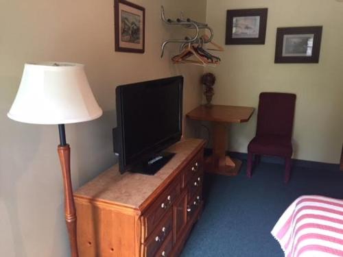 a bedroom with a television on a dresser with a lamp at Big South Fork Trail Lodge in Stearns