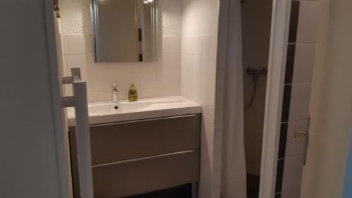 une salle de bain avec un lavabo et un miroir dans l'établissement Villa patio à 200 m de la plage à Capbreton, à Capbreton