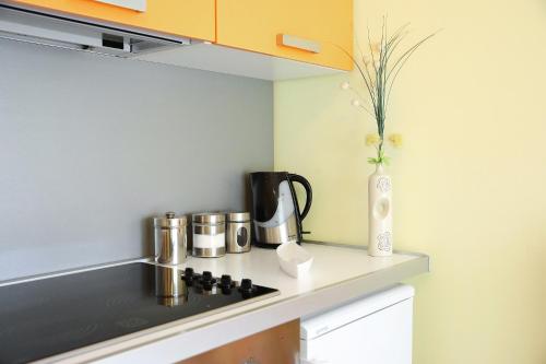 a kitchen counter with a stove and a vase with flowers at Senkini Dvori in Sutomišćica