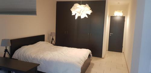 a bedroom with a white bed and a chandelier at Studio de vacances in Crémines