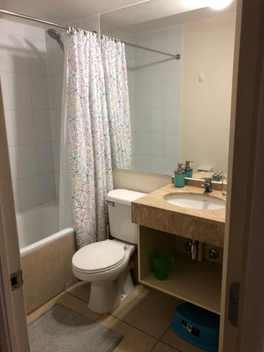 a bathroom with a toilet and a sink and a shower at Vista Laguna Apartment in Algarrobo