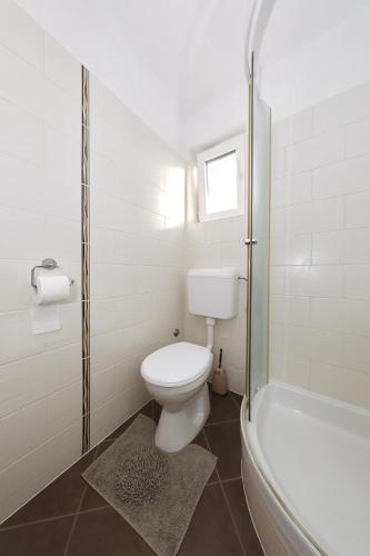 a bathroom with a toilet and a bath tub at Senkini Dvori in Sutomišćica