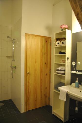 a bathroom with a shower and a wooden door at Erfgoed & Logies Den Heijkant in Moergestel