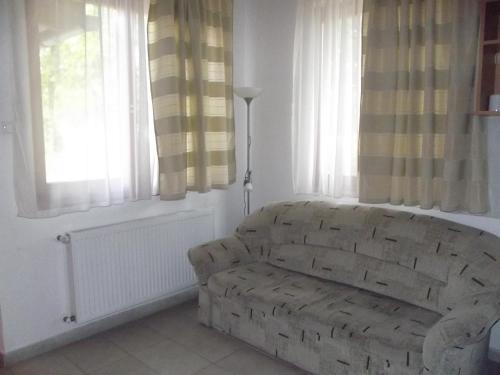 a living room with a couch and two windows at Sárkány Apartman, Sárkány Wellness és Gyógyfürdő in Nyírbátor