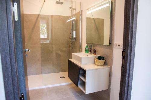 a bathroom with a white sink and a shower at L'Oasis Vendargues in Vendargues