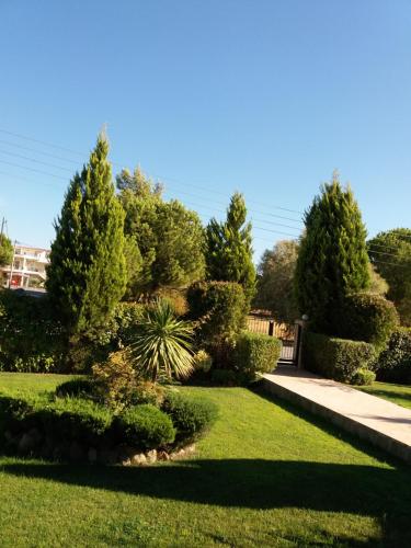 a garden with bushes and trees and a sidewalk at Beautiful Summer Villa in Chalkoutsi in Khalkoútsion