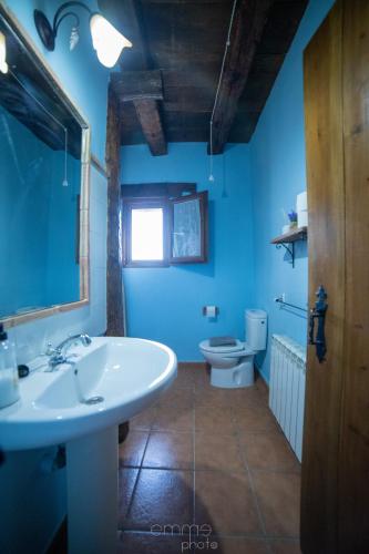 a blue bathroom with a sink and a toilet at Mas de Salvador in Peñarroya de Tastavins