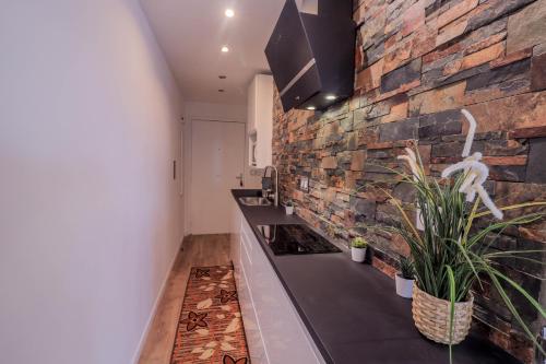 a kitchen with a brick wall and a counter with plants at The Paradise Monac'Home Parking in Monte Carlo