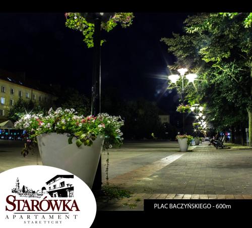 a park at night with flowers and lights at STARÓWKA Apartament Stare Tychy in Tychy