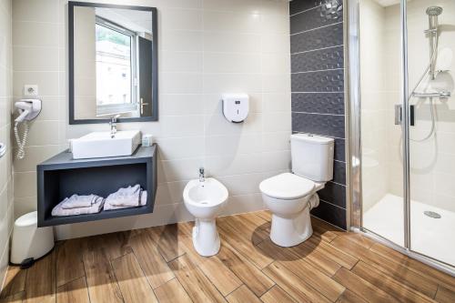 La salle de bains est pourvue de toilettes, d'un lavabo et d'une douche. dans l'établissement Hôtel Mirasol, à Lourdes