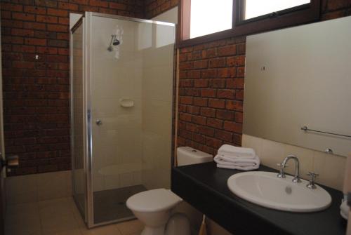 y baño con lavabo, aseo y ducha. en Grange Burn Motel, en Hamilton