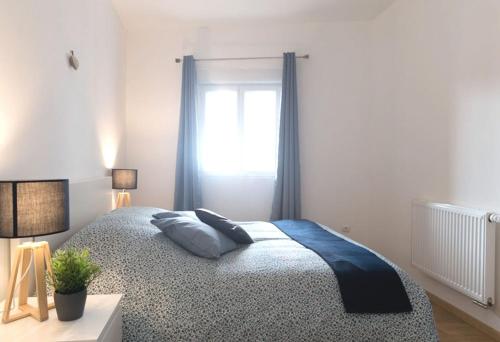 une chambre avec un lit avec des oreillers et une fenêtre dans l'établissement Appartement grand standing VAUBAN 10 Personnes centre historique de Colmar, à Colmar