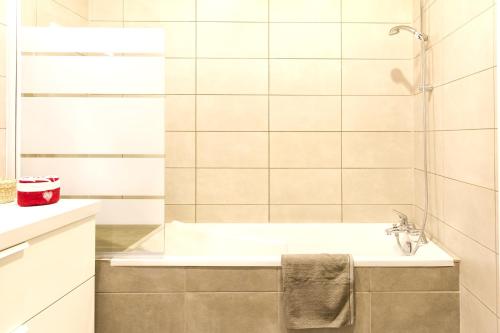 La salle de bains est pourvue d'une douche, d'une baignoire et d'un lavabo. dans l'établissement Appartement grand standing VAUBAN 10 Personnes centre historique de Colmar, à Colmar