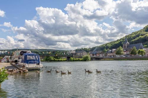a boat on a river with ducks in the water at Ancienne Fermette le Charlemont Givet Foisches in Foisches